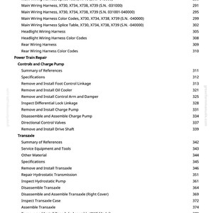 May include: A page from a manual with a table of contents. The text includes headings like "Main Wiring Harness," "Power Train Repair," and "Transaxle." Page numbers are listed on the right.