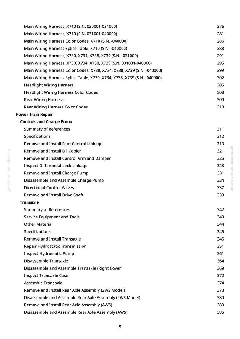 May include: A page from a manual with a table of contents. The text includes headings like "Main Wiring Harness," "Power Train Repair," and "Transaxle." Page numbers are listed on the right.