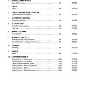 May include: A page from a manual with a table of contents. The document lists sections on general information, engine, transmission, hydrostatic gearbox, and electrical systems. The edition is 07-2004.