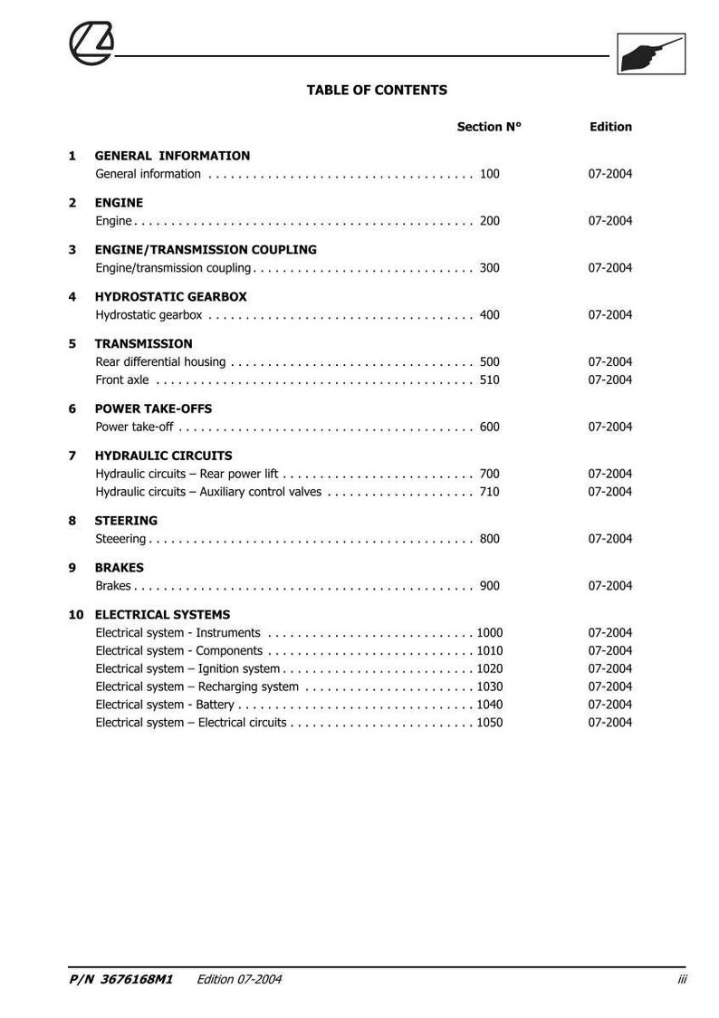 May include: A page from a manual with a table of contents. The document lists sections on general information, engine, transmission, hydrostatic gearbox, and electrical systems. The edition is 07-2004.