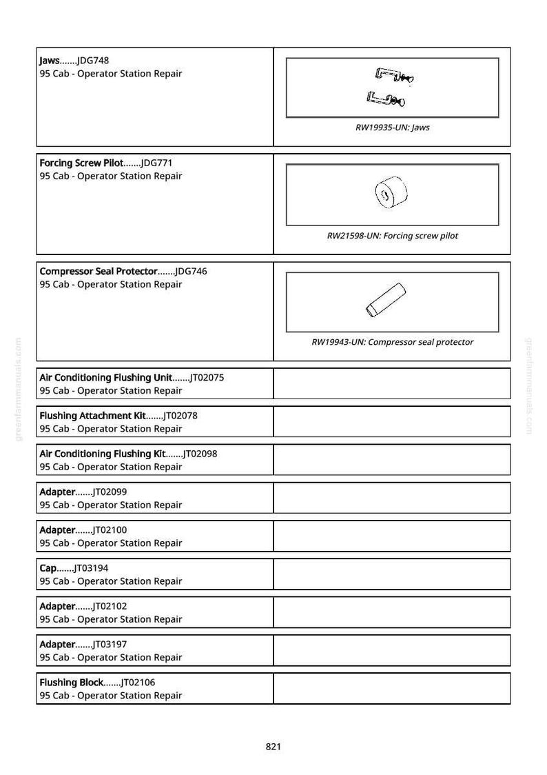 K&ouml;nnte beinhalten: Eine technische Zeichnung mit verschiedenen Teilen, Beschriftungen und Illustrationen. Das Diagramm enth&auml;lt Komponenten wie "Jaws", "Forcing Screw Pilot" und "Compressor Seal Protector" sowie Teilenummern und Reparaturdetails.