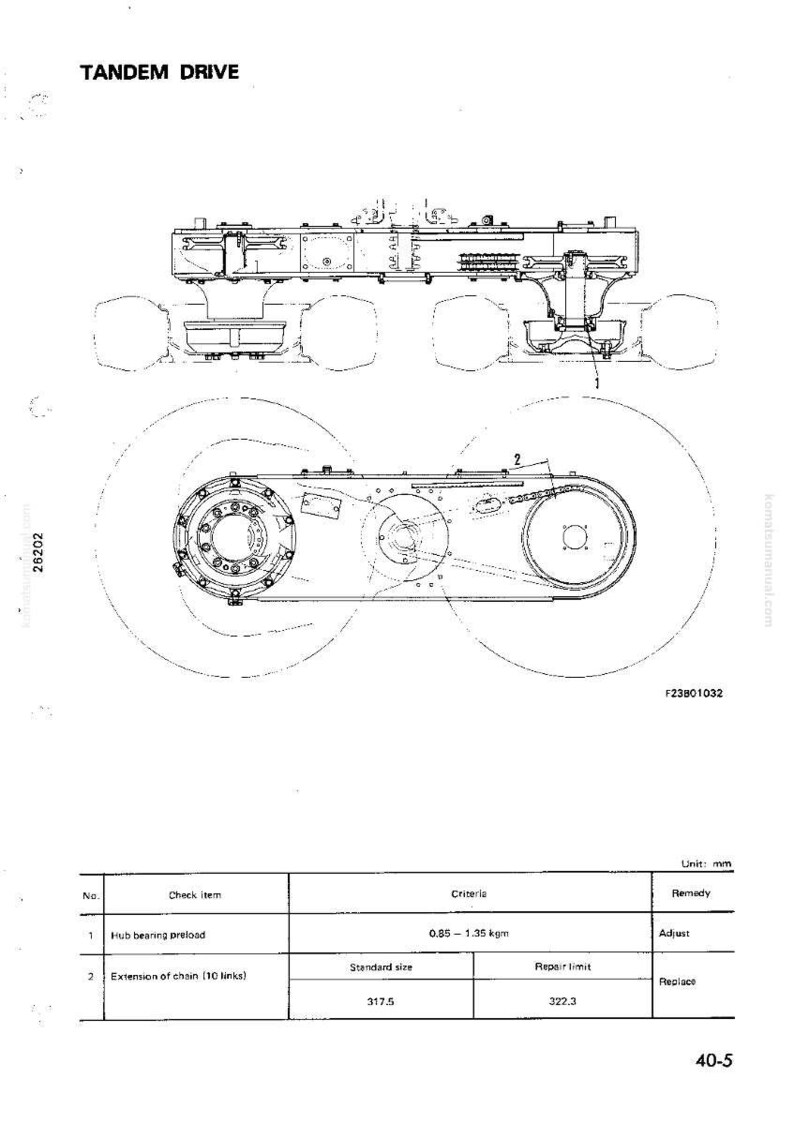 May include: Technical diagram of a tandem drive system, featuring detailed schematics of mechanical components. Includes a table with specifications for hub bearing preload and chain extension, with measurements in millimeters.