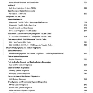 Pode incluir: Uma tabela de conte&uacute;do detalhada de um manual, com t&iacute;tulos e subt&iacute;tulos em texto preto sobre um fundo branco. Os t&oacute;picos incluem diagn&oacute;sticos, sistemas de motor e sistemas el&eacute;tricos. O n&uacute;mero da p&aacute;gina 7 &eacute; vis&iacute;vel.
