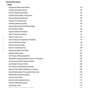 May include: A white page titled "Table of Contents" from a manual. The text lists safety topics, including handling fluids, batteries, and agricultural chemicals. Page numbers are listed on the right side.