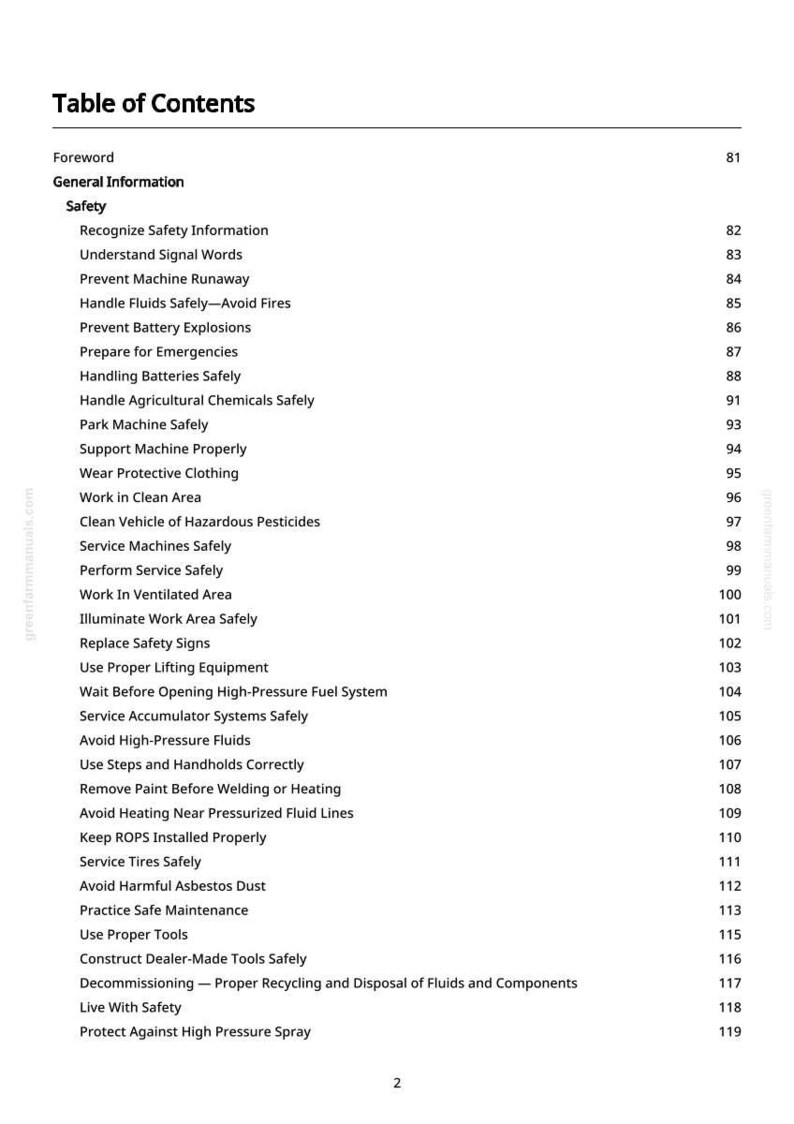 May include: A white page titled "Table of Contents" from a manual. The text lists safety topics, including handling fluids, batteries, and agricultural chemicals. Page numbers are listed on the right side.