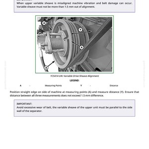 May include: Diagram of an upper variable drive sheave alignment. The image includes a detailed illustration of the sheave, with labels and measurement points. Text provides instructions and warnings about alignment and belt wear, with a maximum difference of 1.5 mm.