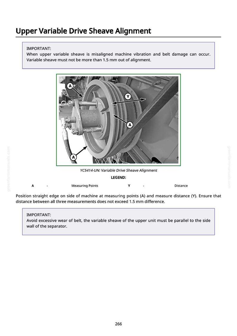 May include: Diagram of an upper variable drive sheave alignment. The image includes a detailed illustration of the sheave, with labels and measurement points. Text provides instructions and warnings about alignment and belt wear, with a maximum difference of 1.5 mm.