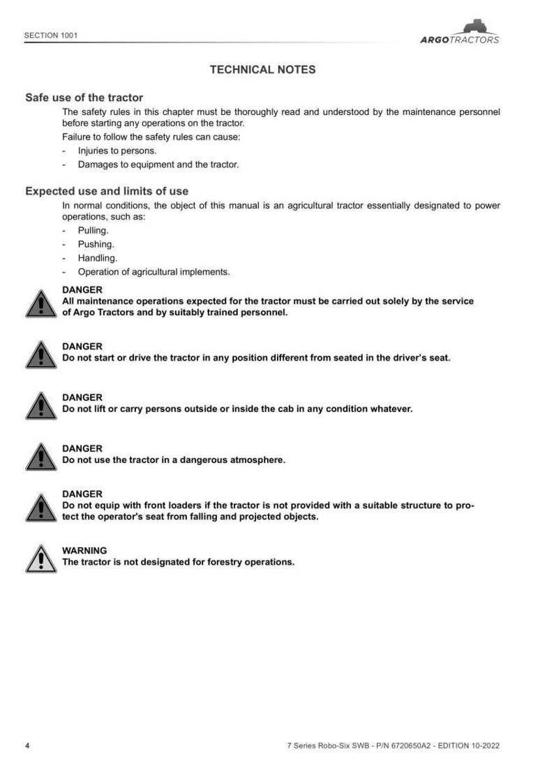 May include: A white document with black text detailing safety and usage instructions for Argo Tractors. The document includes warnings and safety guidelines, with the Argo Tractors logo at the top.