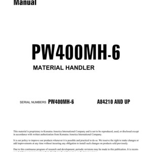 Może przedstawiać: Biała okładka instrukcji warsztatowej z czarnym tytułem "Shop Manual". Tekst "PW400MH-6 MATERIAL HANDLER" jest wyraźnie widoczny. Dodatkowy tekst zawiera "SERIAL NUMBERS PW400MH-6" i "A84210 AND UP".
