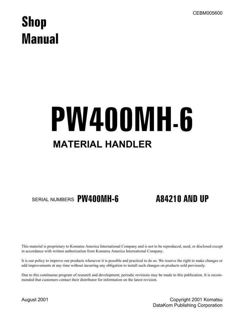 Może przedstawiać: Biała okładka instrukcji warsztatowej z czarnym tytułem "Shop Manual". Tekst "PW400MH-6 MATERIAL HANDLER" jest wyraźnie widoczny. Dodatkowy tekst zawiera "SERIAL NUMBERS PW400MH-6" i "A84210 AND UP".