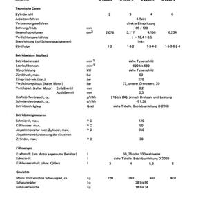 May include: A technical document with specifications for MWM Diesel 226B engines. The document includes tables with technical data, operating conditions, and measurements in metric units, such as cylinder count, bore/stroke, and fuel consumption.