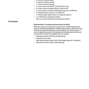 May include: A white document with the "WEIDEMANN" logo and the title "Introduction E." The document lists required tools and screw connections, including pressure gauges, screw connections, and a diesel engine speed sensor. It also details replacement procedures.