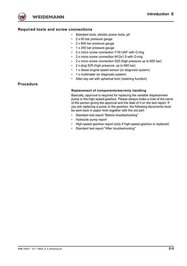 May include: A white document with the "WEIDEMANN" logo and the title "Introduction E." The document lists required tools and screw connections, including pressure gauges, screw connections, and a diesel engine speed sensor. It also details replacement procedures.