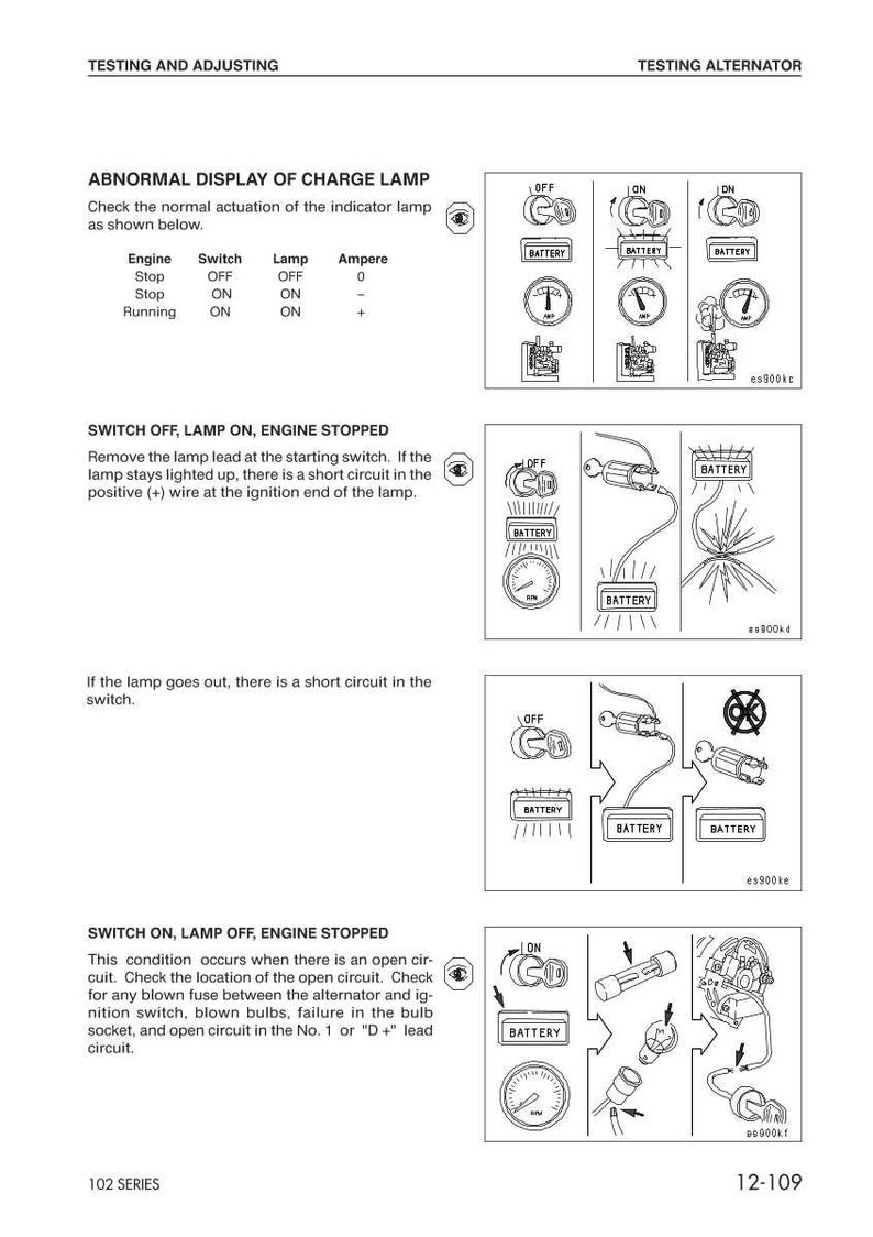 May include: Diagrams illustrating alternator testing procedures. The image includes text and schematic drawings detailing steps for checking the charge lamp under various conditions, such as engine stop and running. The diagrams use symbols and labels to guide the user.