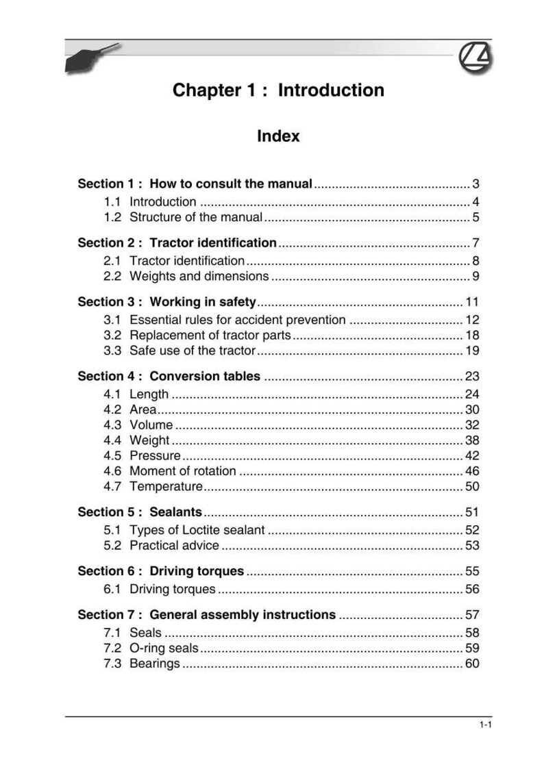 May include: A page from a manual titled "Chapter 1: Introduction" with an index. The index lists sections on tractor identification, safety, conversion tables, sealants, driving torques, and general assembly instructions. The page has a white background with black text.