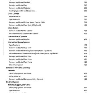May include: A manual page with a detailed table of contents. Sections include "Cold Weather Starting Aids", "Cooling System", and "Speed Controls". Page 6 is shown, with a list of procedures and page numbers.