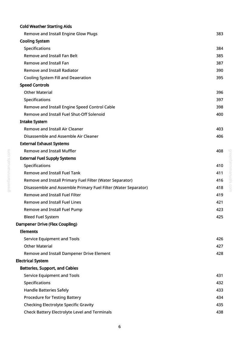 May include: A manual page with a detailed table of contents. Sections include "Cold Weather Starting Aids", "Cooling System", and "Speed Controls". Page 6 is shown, with a list of procedures and page numbers.