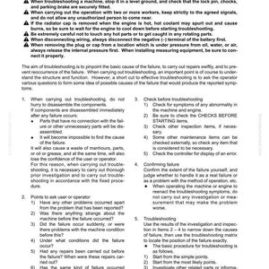 May include: A printed page from a manual titled "General information on troubleshooting." The text includes safety warnings, troubleshooting steps, and a list of points to consider when diagnosing a machine's issues.