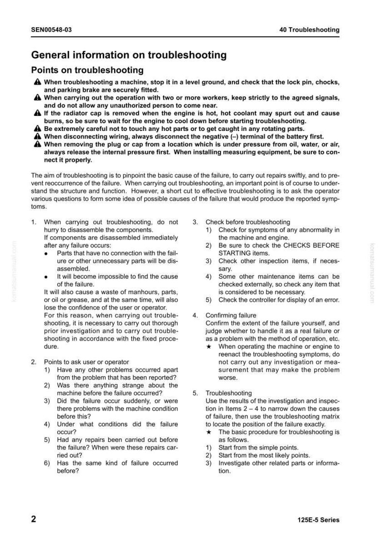May include: A printed page from a manual titled "General information on troubleshooting." The text includes safety warnings, troubleshooting steps, and a list of points to consider when diagnosing a machine's issues.