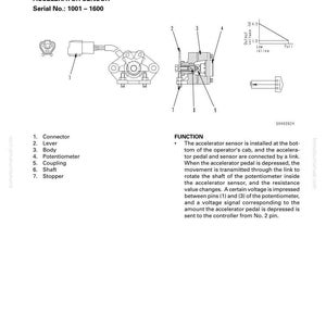 May include: Diagram of an accelerator sensor with labels for its components: connector, lever, body, potentiometer, coupling, shaft, and stopper. Includes a graph showing output voltage.