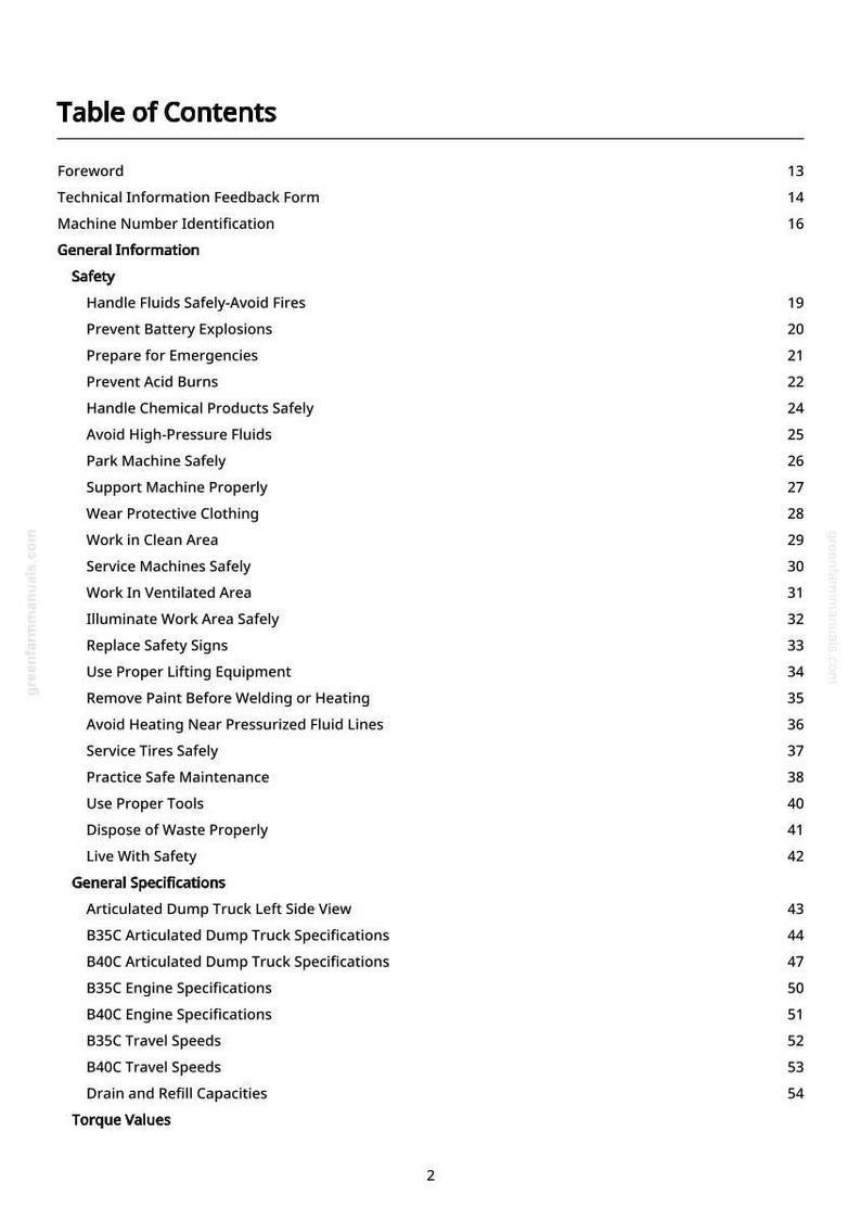 Peut inclure: Une page blanche avec une table des mati&egrave;res en texte noir. Le tableau &eacute;num&egrave;re divers sujets de s&eacute;curit&eacute;, notamment la manipulation des fluides, la pr&eacute;vention des explosions et la pr&eacute;paration aux urgences. Sont &eacute;galement incluses les sp&eacute;cifications g&eacute;n&eacute;rales des tombereaux articul&eacute;s.
