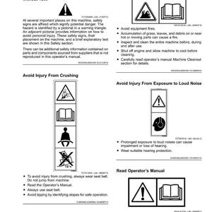 May include: A page titled "Safety Labels without Text" with safety warnings. The page includes diagrams and instructions to avoid injury from equipment fires, crushing, and loud noise. It also advises reading the operator's manual.