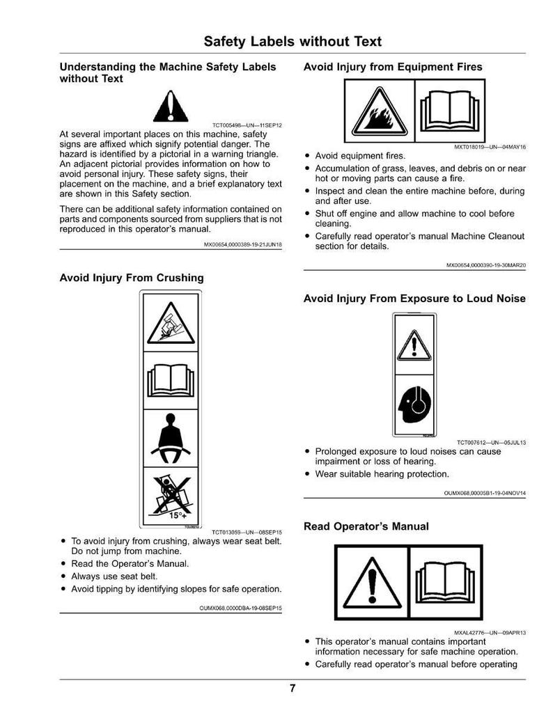 May include: A page titled "Safety Labels without Text" with safety warnings. The page includes diagrams and instructions to avoid injury from equipment fires, crushing, and loud noise. It also advises reading the operator's manual.