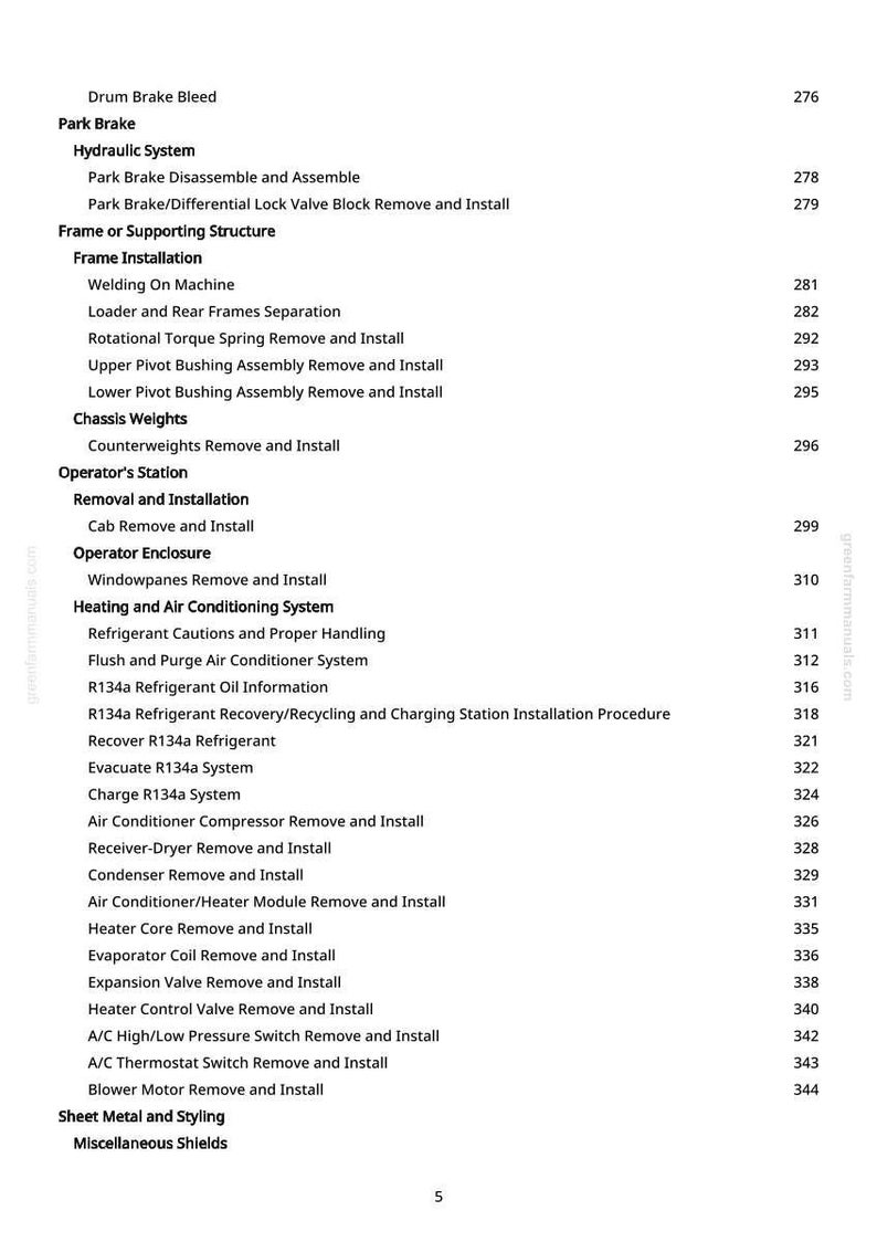 Pu&ograve; includere: Una pagina di manuale con un sommario. I titoli includono "Freno di stazionamento", "Sistema idraulico" e "Sistema di riscaldamento e climatizzazione". I numeri di pagina sono a destra.