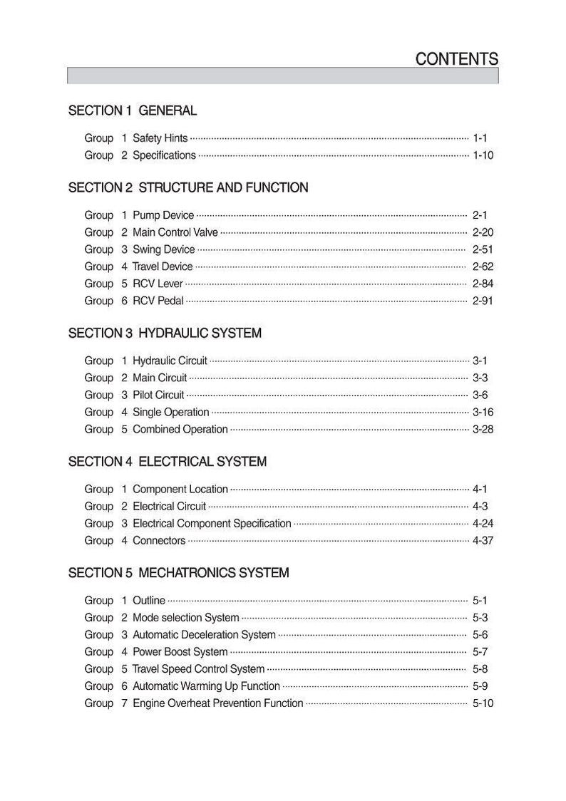May include: A detailed table of contents from a manual, listing sections on general information, structure, function, hydraulic, electrical, and mechatronics systems. The text is black on a white background, with section titles and page numbers.