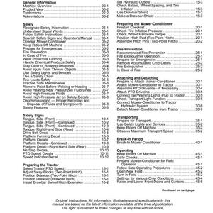 May include: A detailed table of contents from a manual, listing safety, operating, and maintenance topics. The document includes sections on safety signs, tractor preparation, and mower-conditioner procedures. The text is in black font on a white background.