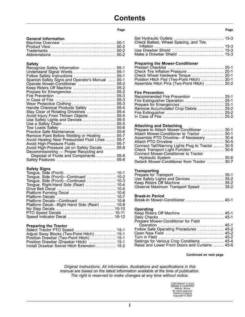 May include: A detailed table of contents from a manual, listing safety, operating, and maintenance topics. The document includes sections on safety signs, tractor preparation, and mower-conditioner procedures. The text is in black font on a white background.