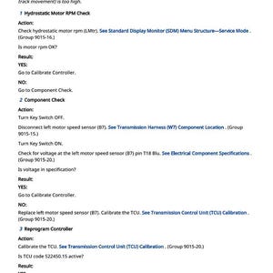 May include: A white document with black text detailing diagnostic steps for a pump. The text includes instructions for checking motor RPM, component checks, and controller calibration. The document is labeled "522450.15 - Left Fwd Pump Thresh Cal High."