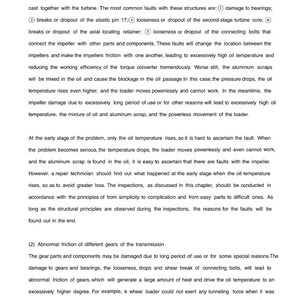 Op de afbeelding: Een pagina met technische tekst die de mechanica van een converterassemblage beschrijft, inclusief mogelijke fouten zoals lagerschade en problemen met de olietemperatuur. De tekst behandelt ook problemen met de versnellingsbak.