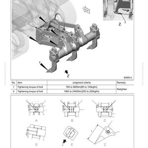 Puede incluir: Diagrama t&eacute;cnico de un desgarrador fijo de m&uacute;ltiples v&aacute;stagos con vistas detalladas de los componentes y mediciones. La imagen incluye una tabla con especificaciones de par de apriete para pernos, medido en Newton-metros y kilogramos-fuerza metros.