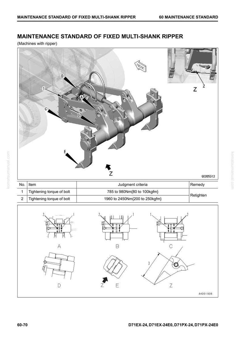 Puede incluir: Diagrama t&eacute;cnico de un desgarrador fijo de m&uacute;ltiples v&aacute;stagos con vistas detalladas de los componentes y mediciones. La imagen incluye una tabla con especificaciones de par de apriete para pernos, medido en Newton-metros y kilogramos-fuerza metros.