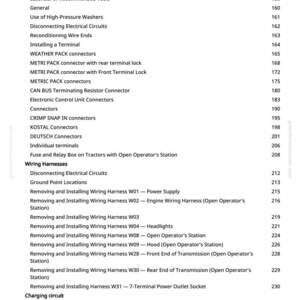 May include: A page from a manual with a table of contents for an electrical system. The headings include Connectors, Wiring Harnesses, and Charging Circuit. Page numbers are listed on the right.