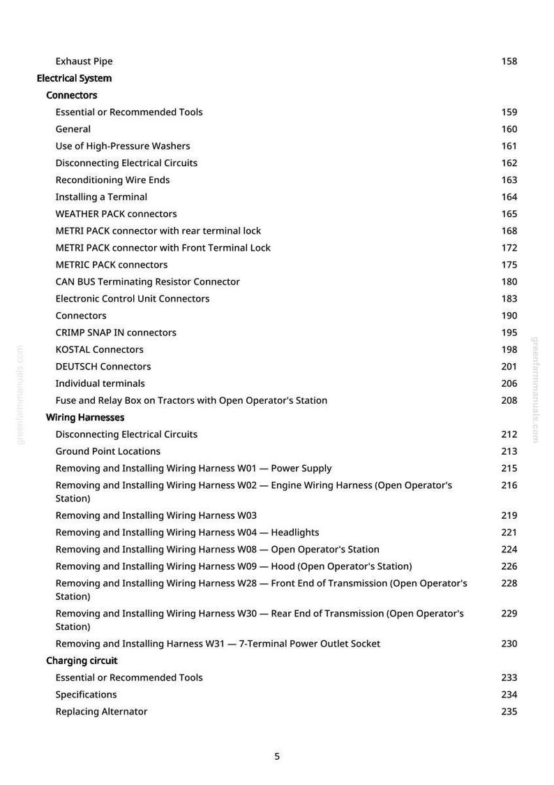 May include: A page from a manual with a table of contents for an electrical system. The headings include Connectors, Wiring Harnesses, and Charging Circuit. Page numbers are listed on the right.