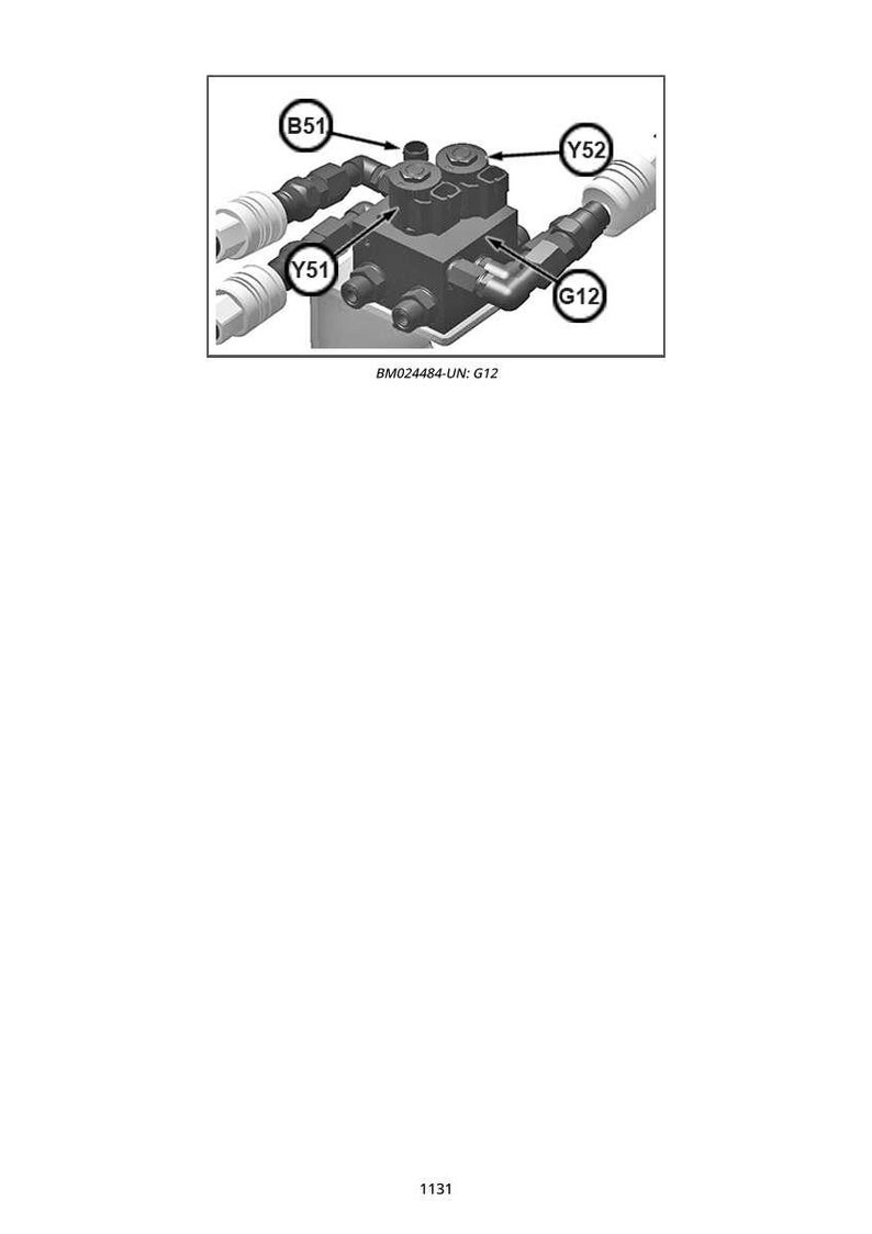 K&ouml;nnte beinhalten: Eine Illustration einer mechanischen Komponente mit mehreren Rohren und Anschl&uuml;ssen. Die Komponente ist dunkelgrau mit mehreren beschrifteten Anschlusspunkten, darunter B51, Y51, Y52 und G12. Der Text "BM024484-UN: G12" ist ebenfalls vorhanden.