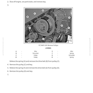 May include: Diagram illustrating the process to remove and install a fan drive belt. The image shows pulleys, belts, and springs, with labels A through H. Text instructions are provided, including steps to adjust the fan and remove the key.