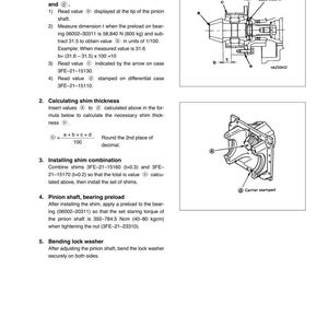 May include: Technical diagram with instructions for adjusting a pinion shaft shim. Includes diagrams of mechanical components, formulas, and steps for calculating and installing shims. Text includes measurements and part numbers.