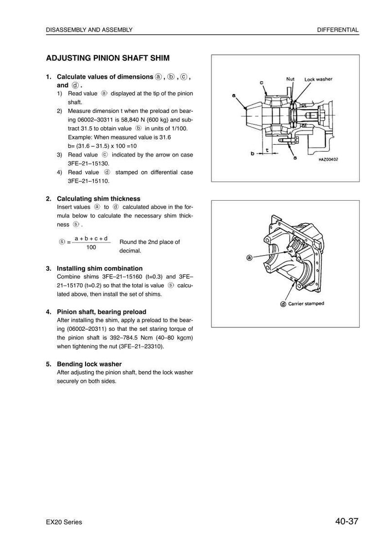 May include: Technical diagram with instructions for adjusting a pinion shaft shim. Includes diagrams of mechanical components, formulas, and steps for calculating and installing shims. Text includes measurements and part numbers.