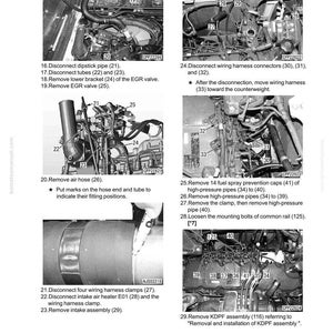 May include: Diagram of engine components with labels and instructions for disassembly and assembly. Includes close-up views of pipes, hoses, and wiring, with numbered steps and component references. The image is from a manual.