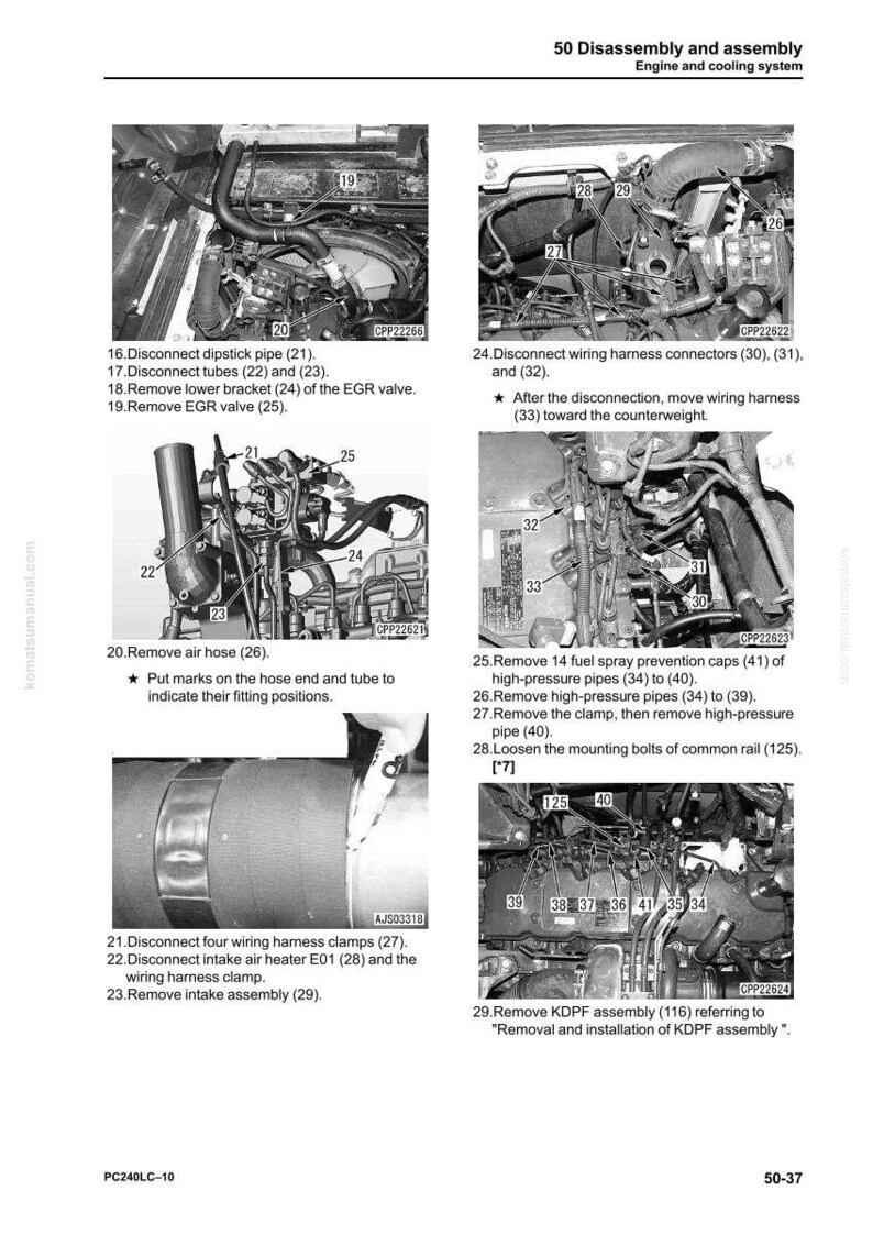 May include: Diagram of engine components with labels and instructions for disassembly and assembly. Includes close-up views of pipes, hoses, and wiring, with numbered steps and component references. The image is from a manual.