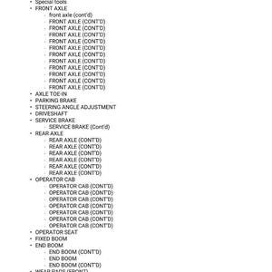 May include: A detailed list of vehicle components, including axles, brakes, and operator cab parts. The text is in a clear, easy-to-read font, with subheadings and bullet points for organization. The image is a helpful reference for mechanics.
