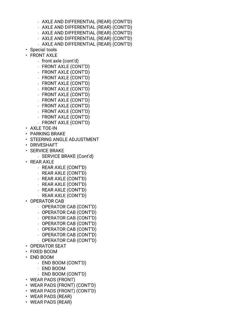 May include: A detailed list of vehicle components, including axles, brakes, and operator cab parts. The text is in a clear, easy-to-read font, with subheadings and bullet points for organization. The image is a helpful reference for mechanics.