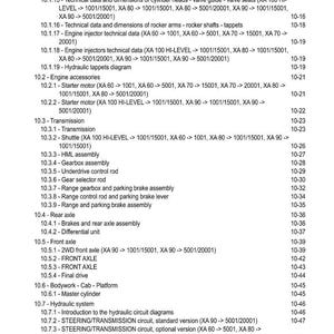 May include: A page from a manual titled "CONTENTS" with a list of technical data and diagrams. The text includes engine accessories, transmission, front and rear axles, and hydraulic system information.