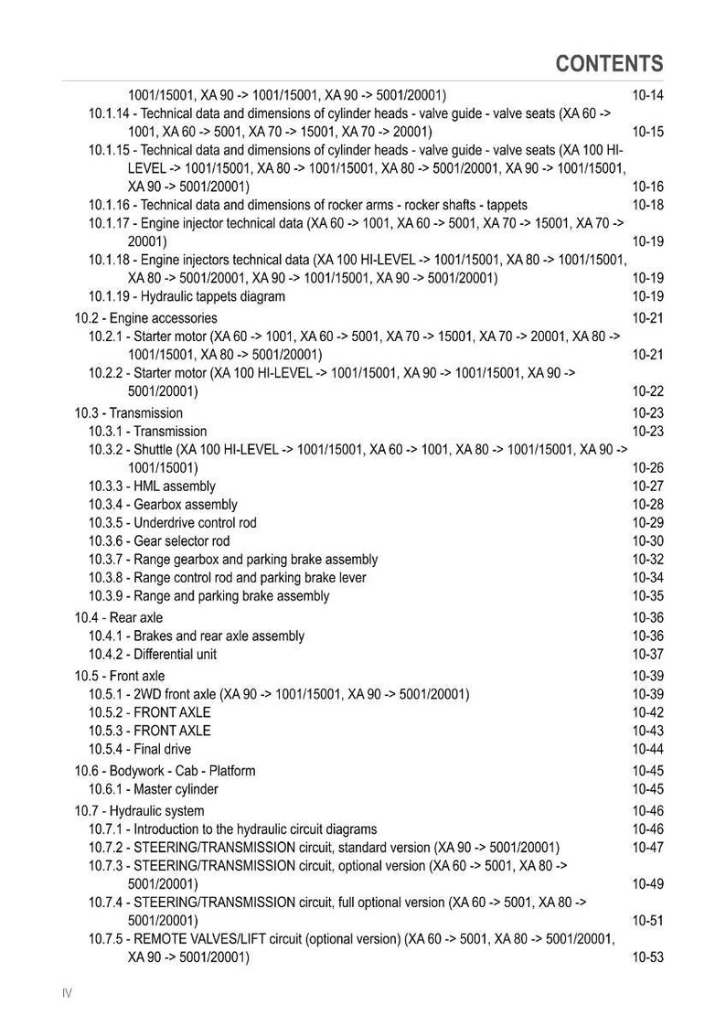 May include: A page from a manual titled "CONTENTS" with a list of technical data and diagrams. The text includes engine accessories, transmission, front and rear axles, and hydraulic system information.