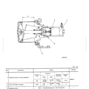 May include: Detailed technical diagram of a brake chamber, featuring a cross-sectional view with numbered parts. Includes a table with measurements and tolerances in millimetres, essential for maintenance.