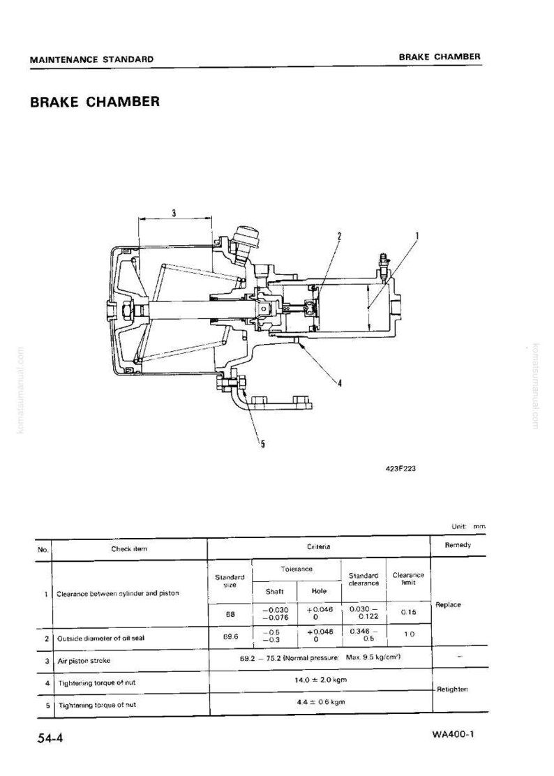 May include: Detailed technical diagram of a brake chamber, featuring a cross-sectional view with numbered parts. Includes a table with measurements and tolerances in millimetres, essential for maintenance.