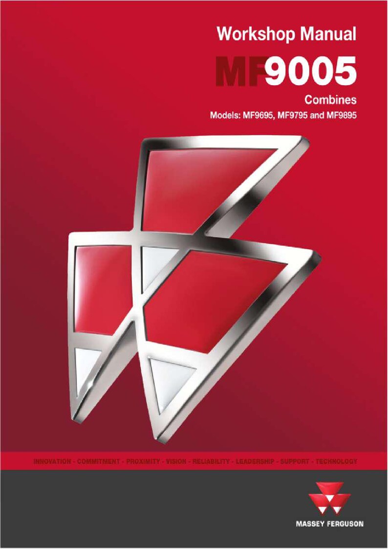 May include: A workshop manual titled "MF9005" with a red and silver logo on a red background. The manual combines models MF9695, MF9795, and MF9895. The Massey Ferguson logo is at the bottom.